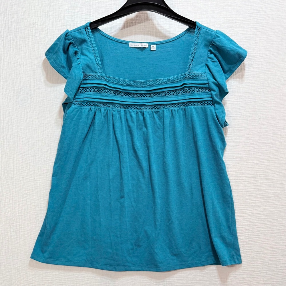 Notations Flutter Sleeve Top Womens XL Teal Blue Crochet Lace Square Neck Boho